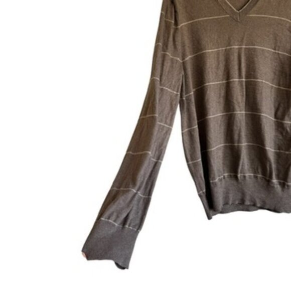 Banana Republic Silk and Cashmere Blend V Neck Gray and Cream Striped Sweater - Picture 2 of 8
